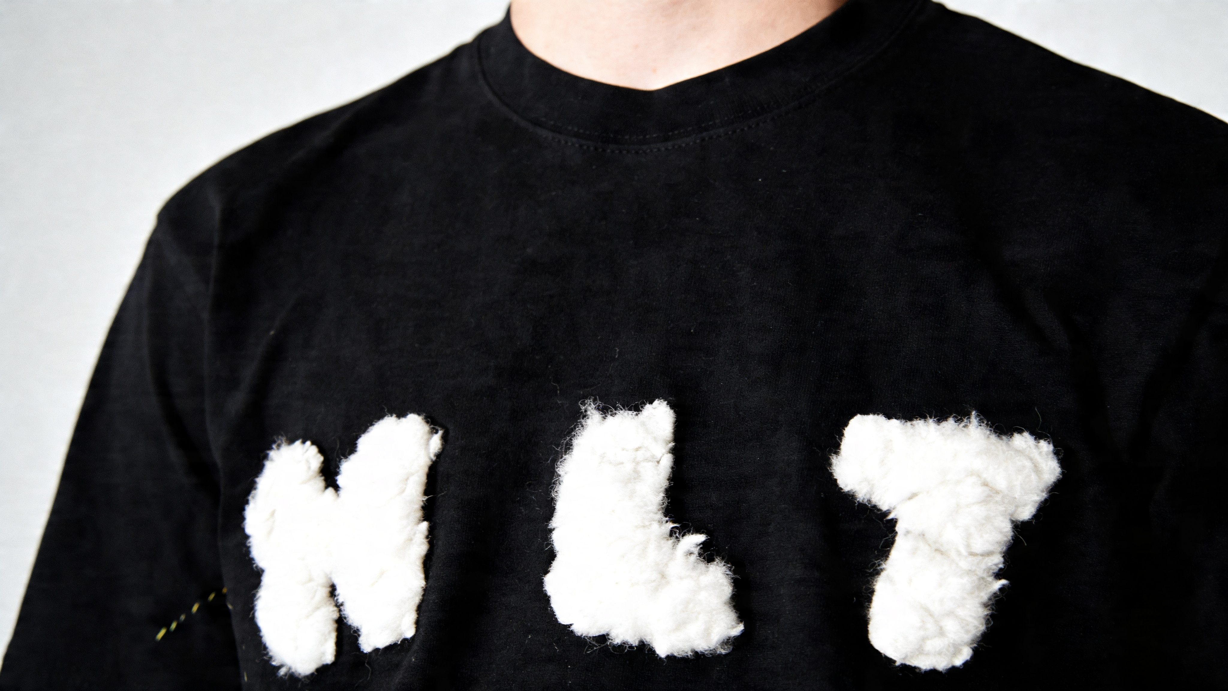 HLT detail on black shirt, close crop